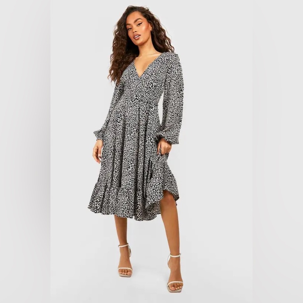 Boohoo Animal Print Ruffle Faux Wrap Midi Dress
